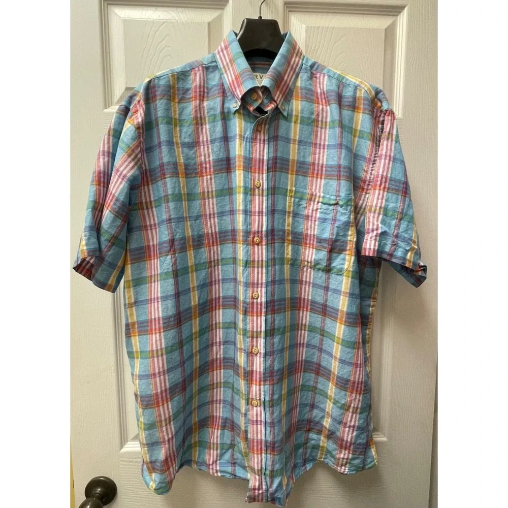 Orvis Men's XLarge Multicolor‎ Plaid Linen/Cotton Short Sleeve Button Up Shirt